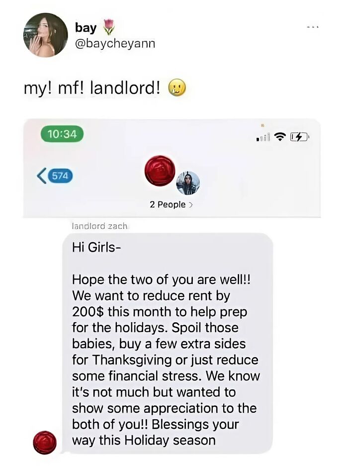 Text message from landlord offering to reduce rent by $200 this month to help with holiday expenses, a wholesome post for distraction.