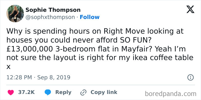 Screenshot of a humorous London meme tweet about expensive Mayfair flats and IKEA coffee tables, showcasing UK humor.