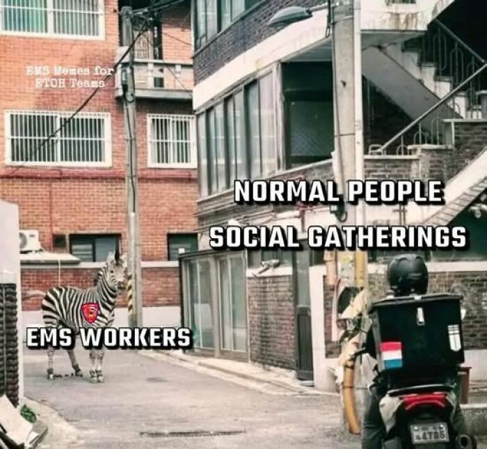 Zebra labeled EMS workers standing apart from motorcycle rider labeled normal people at social gatherings in urban setting meme.