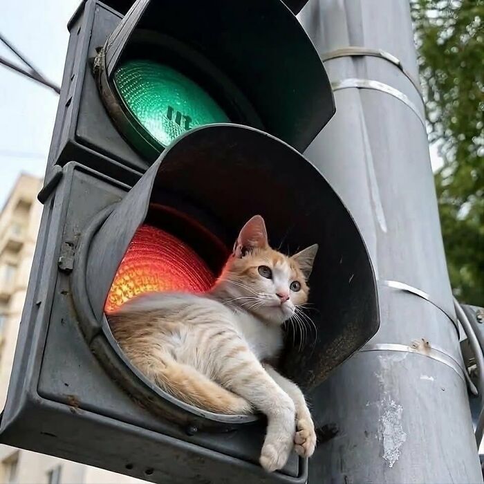 Cat with an immaculate aura resting inside a traffic light housing against an urban outdoor background.