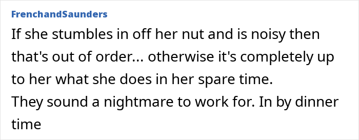 Screenshot of an online comment discussing a live-in nanny curfew and opinions about the mom&rsquo;s control on nights off.