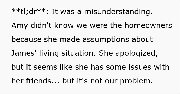 Text excerpt discussing a woman accusing homeowners of ruining her party due to them not leaving the home.