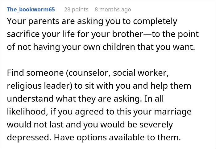 Comment discussing parents expecting son to sacrifice life to care for autistic brother and its impact on his future.