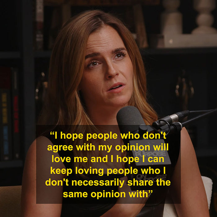 Emma Watson speaking into a microphone during an interview, addressing the trans feud with J.K. Rowling.