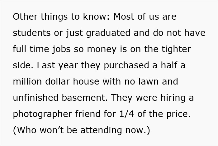 Text excerpt discussing a bride demanding money from friends after receiving cheap wedding shower gifts sparking conflict.