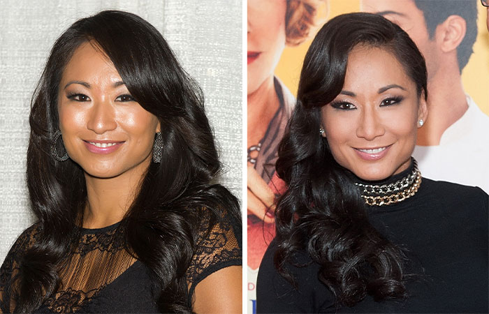 Side-by-side images of a smiling woman with long black hair, illustrating celebrities suspected of buccal fat removal.