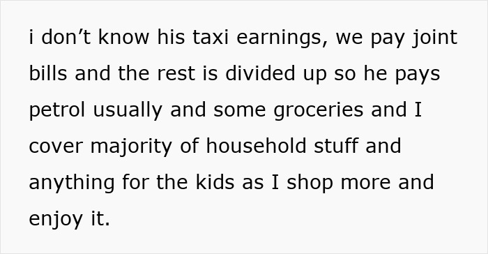 Text showing a wife discussing joint bills and household expenses while unaware of husband's huge debt kept secret from her.