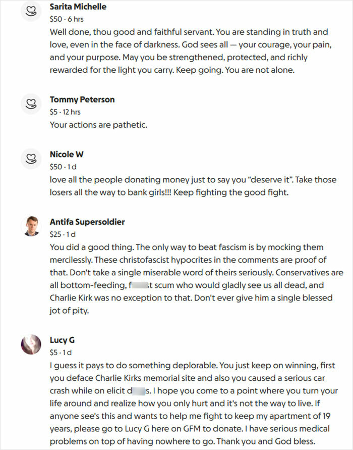 Comments on fundraising page showing supporters and critics after sisters destroyed Charlie Kirk memorial and became homeless.