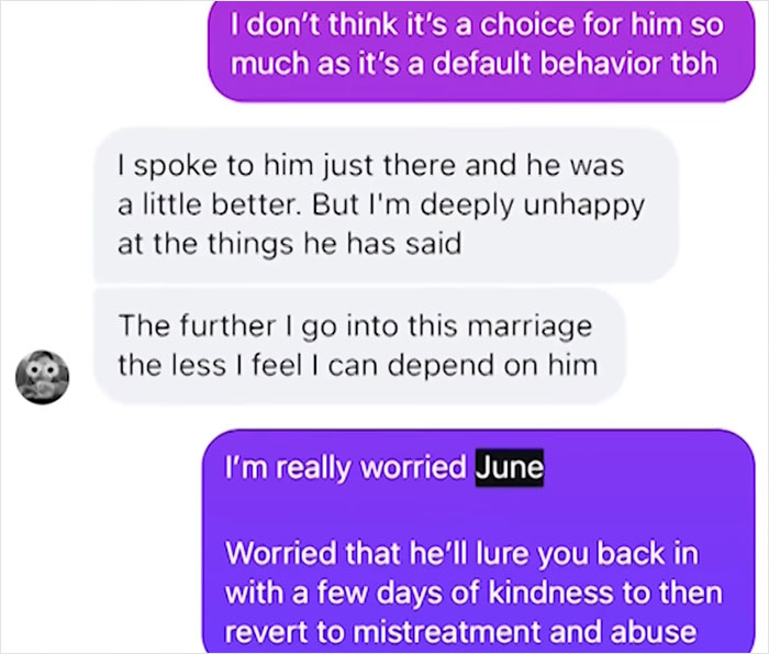 Text message conversation expressing worry about a troubled online marriage and signs of abuse.