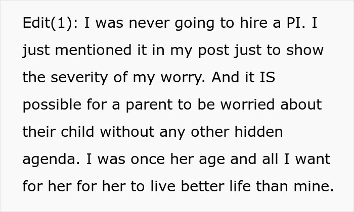 Text excerpt showing a woman&rsquo;s mom expressing worry and mentioning hiring a PI due to boyfriend&rsquo;s secretive behavior.