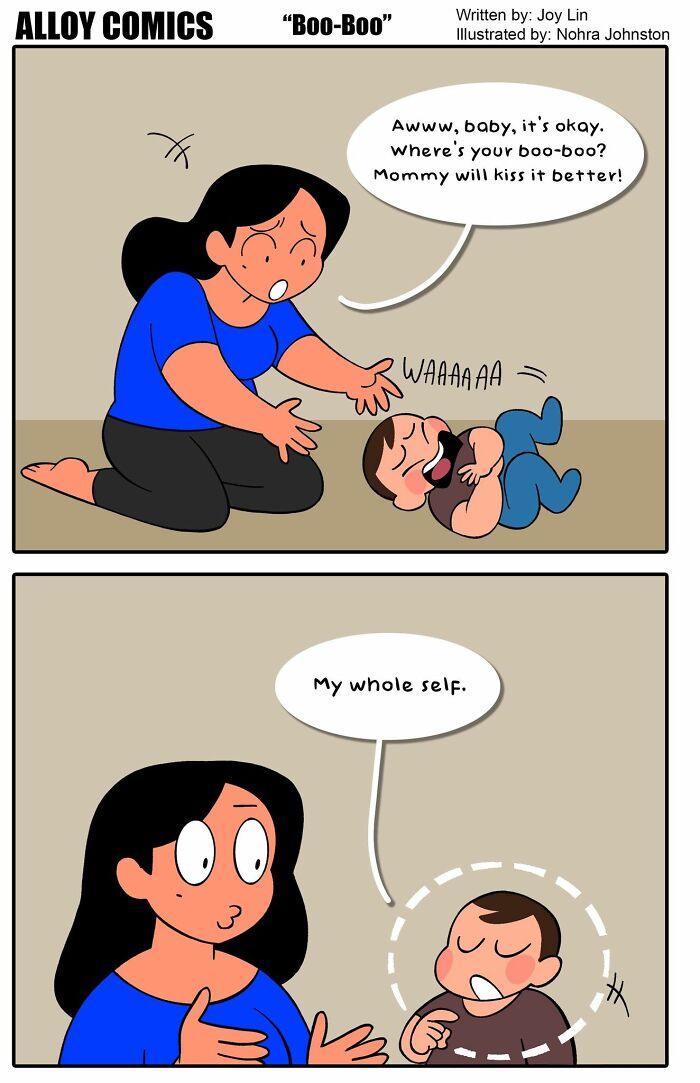 Mother comforting crying baby in comic about love, marriage, and raising a tiny demon with humorous dialogue.