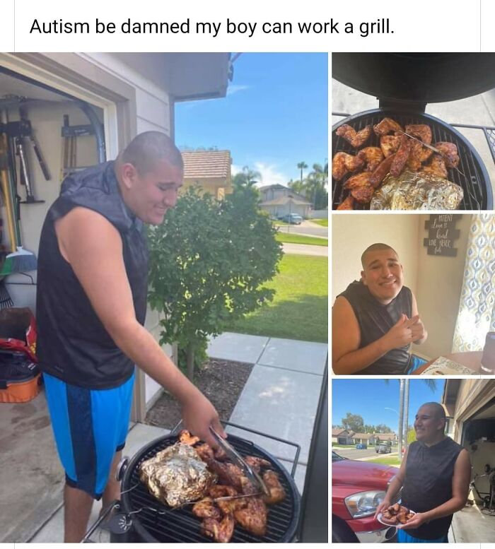 Young man happily grilling chicken outdoors, showcasing wholesome posts to distract from current world horrors.