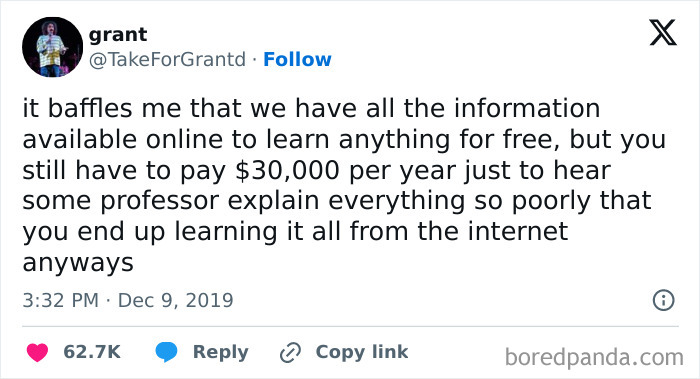 Tweet about the irony of paying high tuition fees despite free online information, highlighting relatable fatigue humor.
