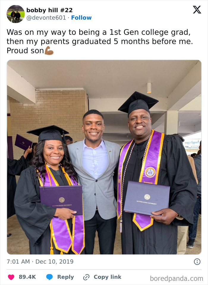 Young adults celebrating parents graduating first from college, showing proud moments of students and young adults.