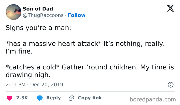 Tweet humor about men ignoring serious health issues, illustrating men humor memes used to cope instead of therapy.