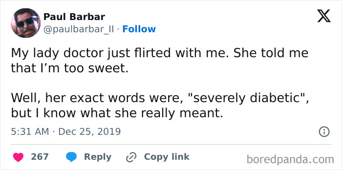 Tweet humor about a diabetic patient joking with a doctor, capturing the struggle and humor of working in medicine.