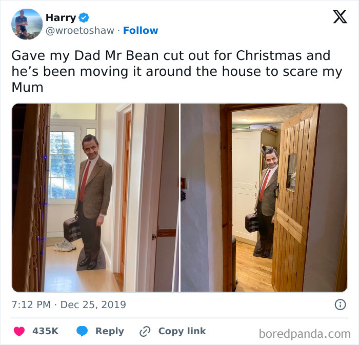 Dad moves Mr Bean cutout around the house to scare family, showcasing one of the funniest parents in a playful home setting.