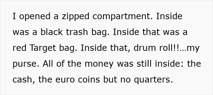 Close-up of a purse containing various bags and money, highlighting the purse fiasco in a friendship story.