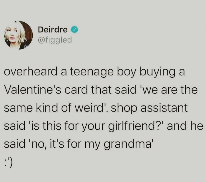 Wholesome post showing a teenage boy buying a unique Valentine's card for his grandma, spreading kindness and warmth.