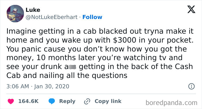 Tweet about a funny and relatable story involving unexpected money and a Cash Cab, highlighting humor in navigating life as just a girl.
