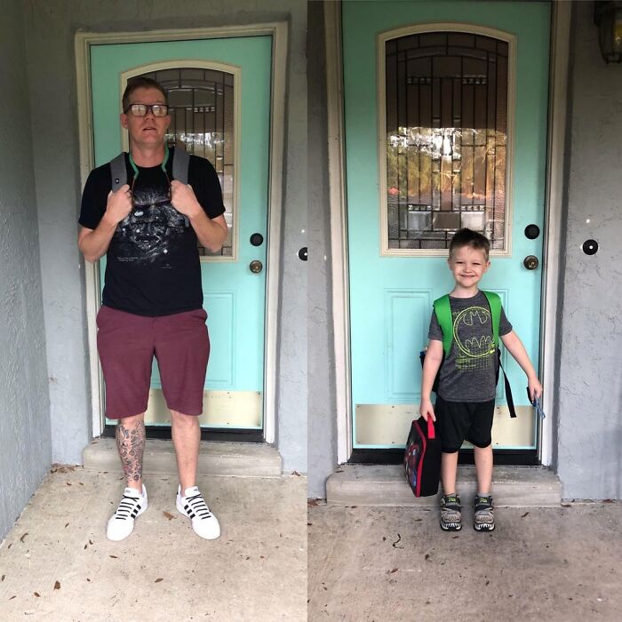 Man and young boy wearing backpacks standing separately in front of a teal door in wholesome posts to distract from world horrors.