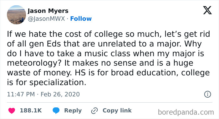 Tweet by a student discussing the cost of college and questioning general education requirements in higher education.