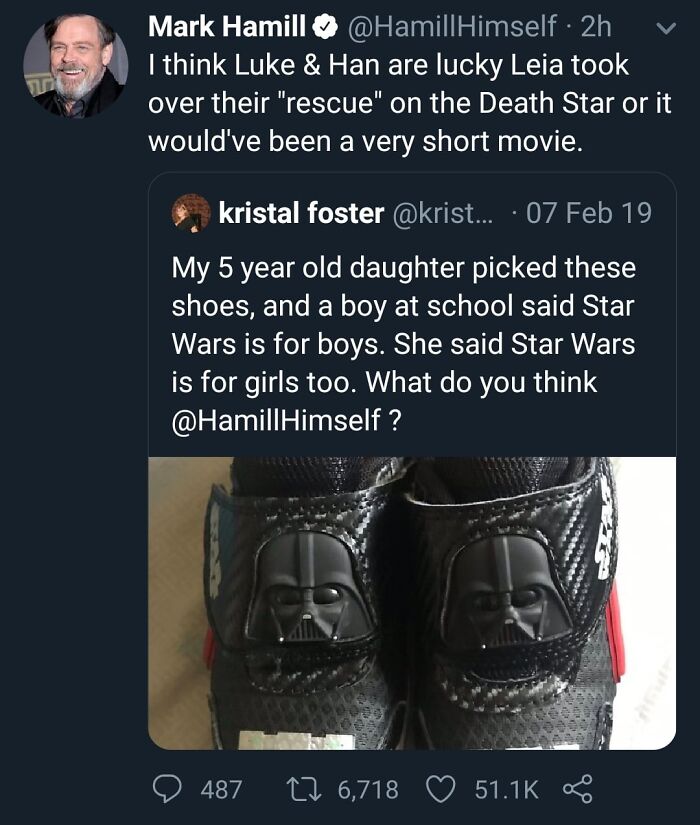 Mark Hamill responds to a tweet about Star Wars shoes for girls in a wholesome social media post.