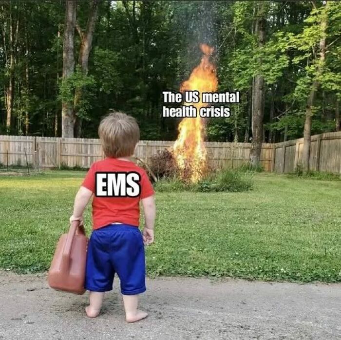 Toddler labeled EMS holding red container walking toward fire labeled US mental health crisis in backyard, EMS meme humor.