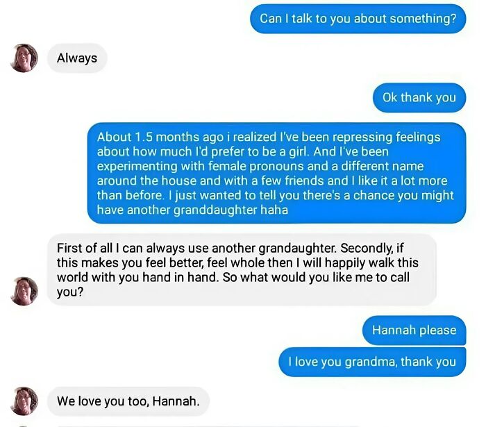 Text message conversation showing a heartfelt coming out moment offering wholesome posts to distract from world horrors.