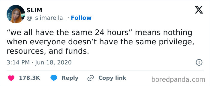 Tweet about privilege and resources, highlighting differences in available time and funds, related to fitness influencers and gym trends.