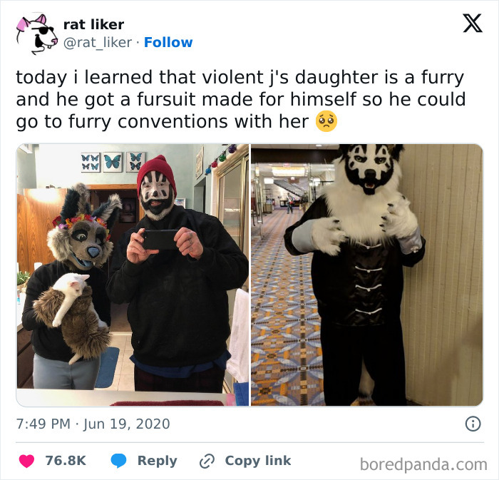 Two people wearing furry costumes, one holding a cat, showcasing cringe-worthy but wholesome furry fandom moments.