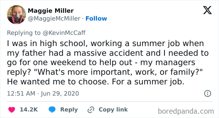 Tweet screenshot showing a user sharing a story about conflict with a boss, highlighting why people hate their boss.