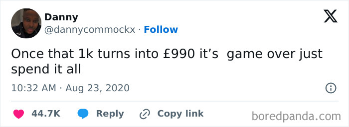 Tweet by Danny humorously commenting on losing money, illustrating British jokes about rent prices and financial struggles in London.