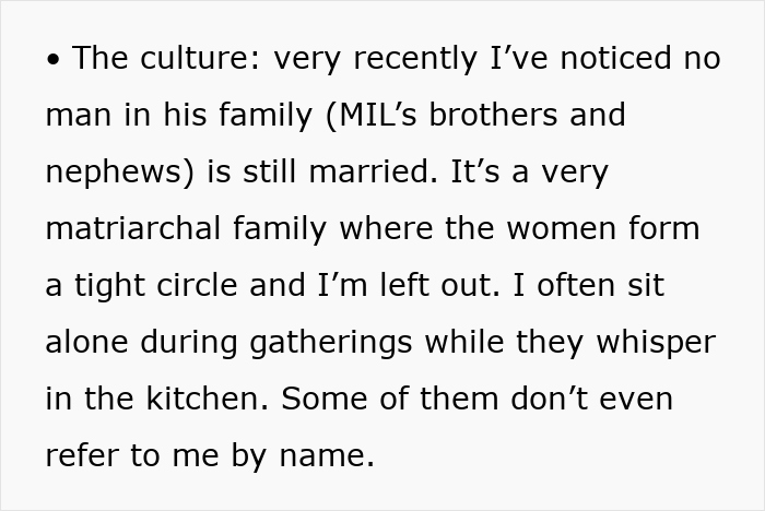 Text on a white background describing a matriarchal family culture where inlaws push boundaries during divorce gatherings.