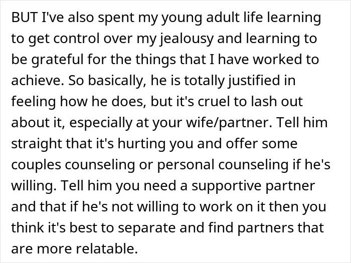 Text discussing managing jealousy and suggesting counseling or separation when a man hates how easy everything comes to his wife. Text discussing managing jealousy and suggesting counseling or separation when a man hates how easy everything comes to his wife.