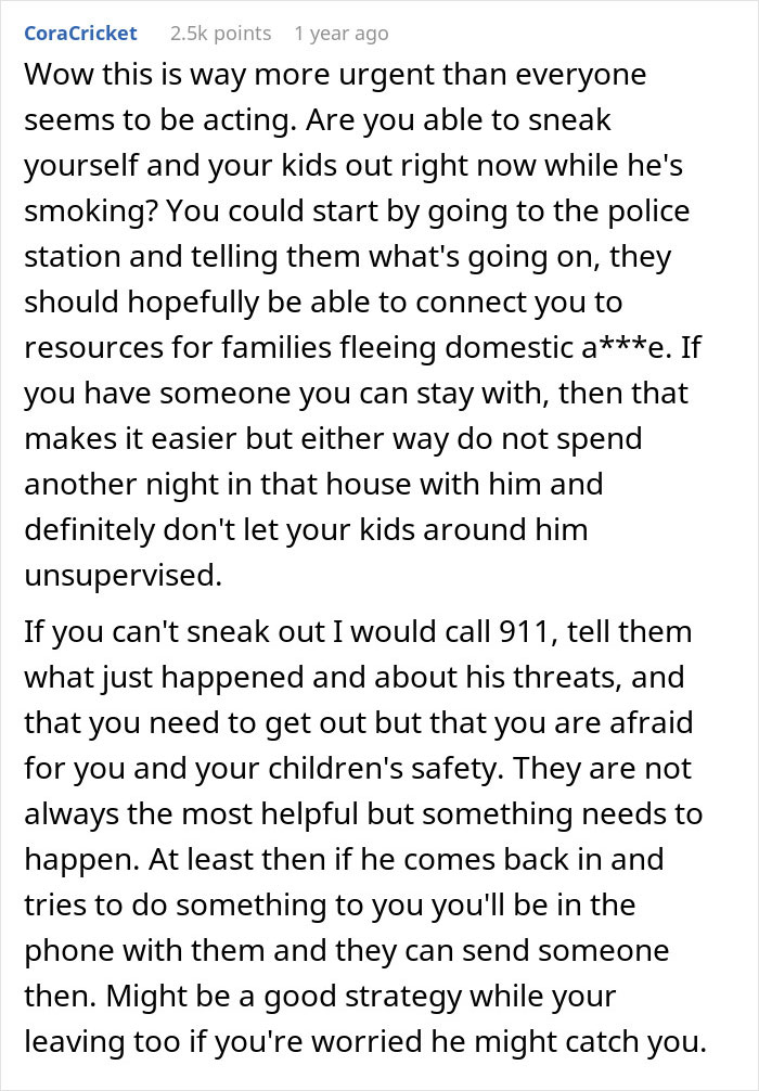 Comment advising a woman on urgent steps to protect herself and children from domestic abuse after giving husband another chance.