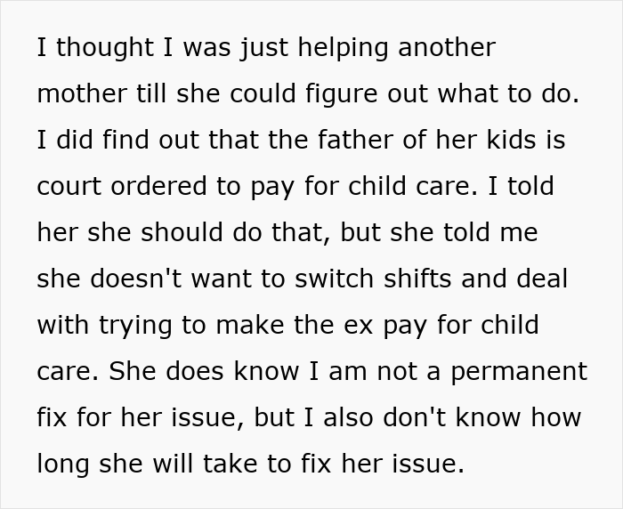 Text about helping with child care while being suspicious of husband&rsquo;s coworker and nannying his girlfriend&rsquo;s children.