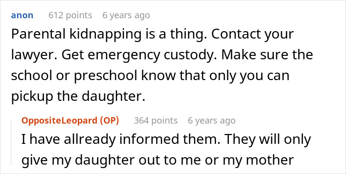 Comments discussing parental kidnapping and emergency custody to protect a toddler from harm by a mother-in-law with essential oils.