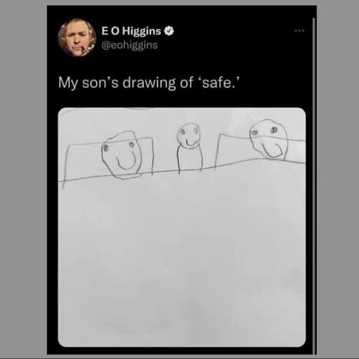 Child's simple drawing labeled safe with three smiling figures, representing wholesome posts to distract from world horrors.
