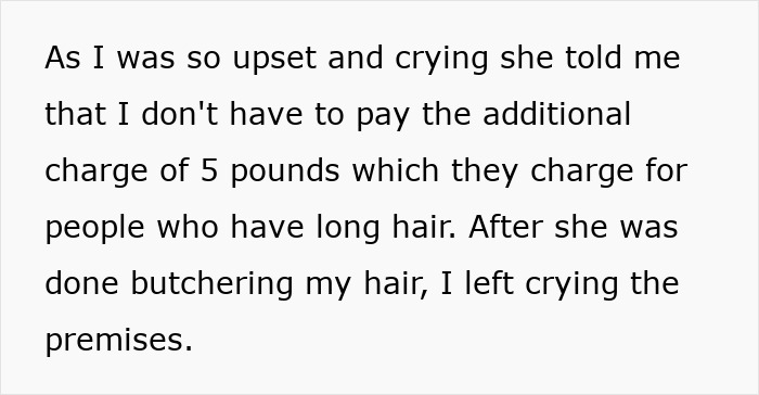 Text about a woman upset after getting a too short haircut, honestly comparing it to her father's passing. Text about a woman upset after getting a too short haircut, honestly comparing it to her father's passing.