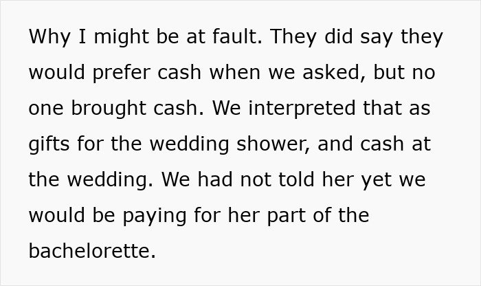 Text excerpt discussing bride demands and disputes over cash and gifts for a wedding shower after cheap presents sparked conflict.