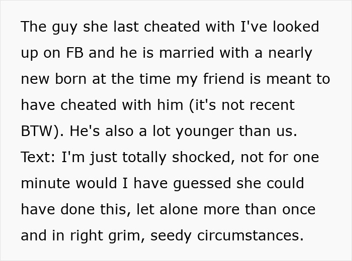 Text excerpt revealing a woman&rsquo;s hidden affairs and best friend struggling to trust her after years of betrayal.