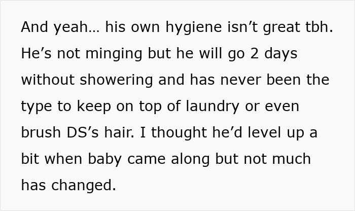 Text excerpt discussing dad&rsquo;s hygiene habits and lack of care for son&rsquo;s hygiene after becoming a first-time caregiver.