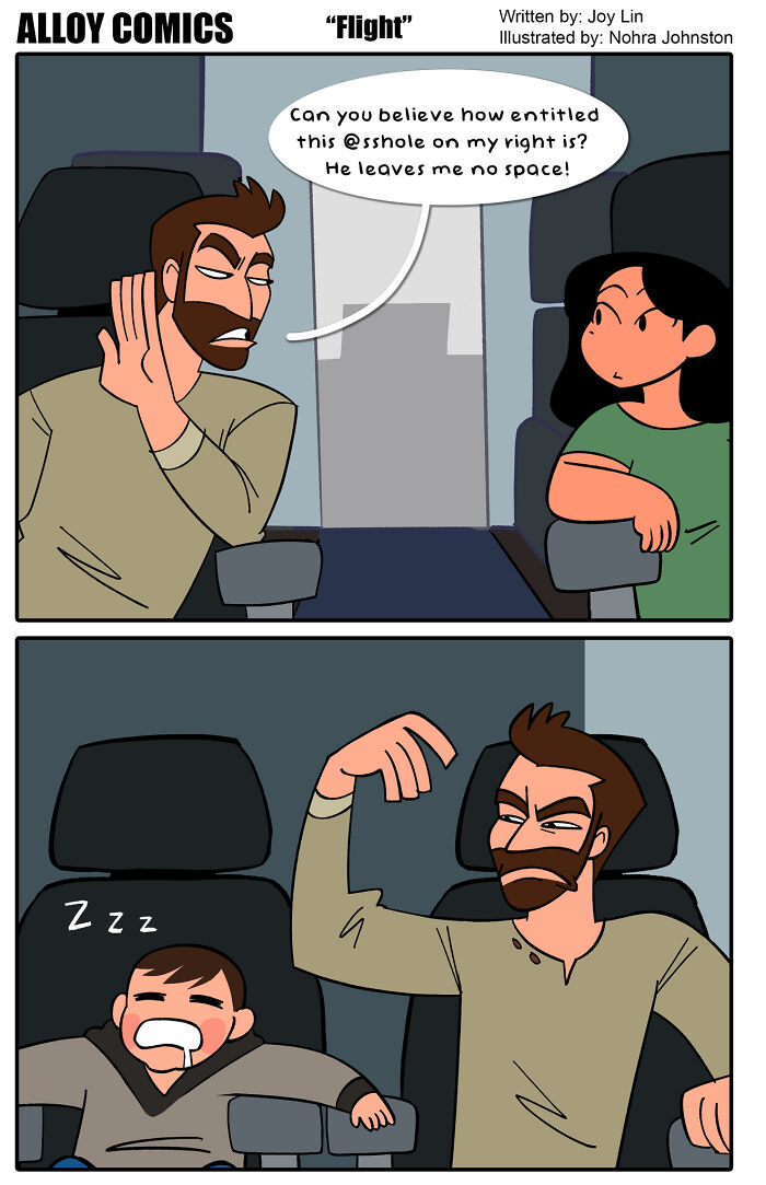 Couple arguing about space on flight, man annoyed by sleeping child in funny comics about love and marriage.