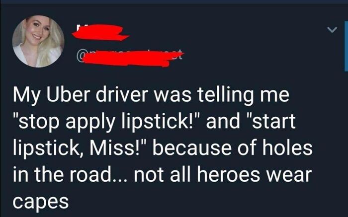 Screenshot of a wholesome tweet about an Uber driver’s humorous advice during a bumpy ride with road holes.