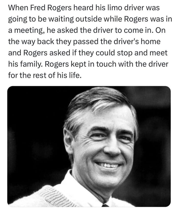 Black and white photo of Fred Rogers smiling, paired with a wholesome story from the collection of wholesome posts.