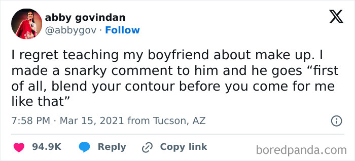 Tweet about makeup humor and relatable moments navigating the world as just a girl, highlighting funny and relatable posts.