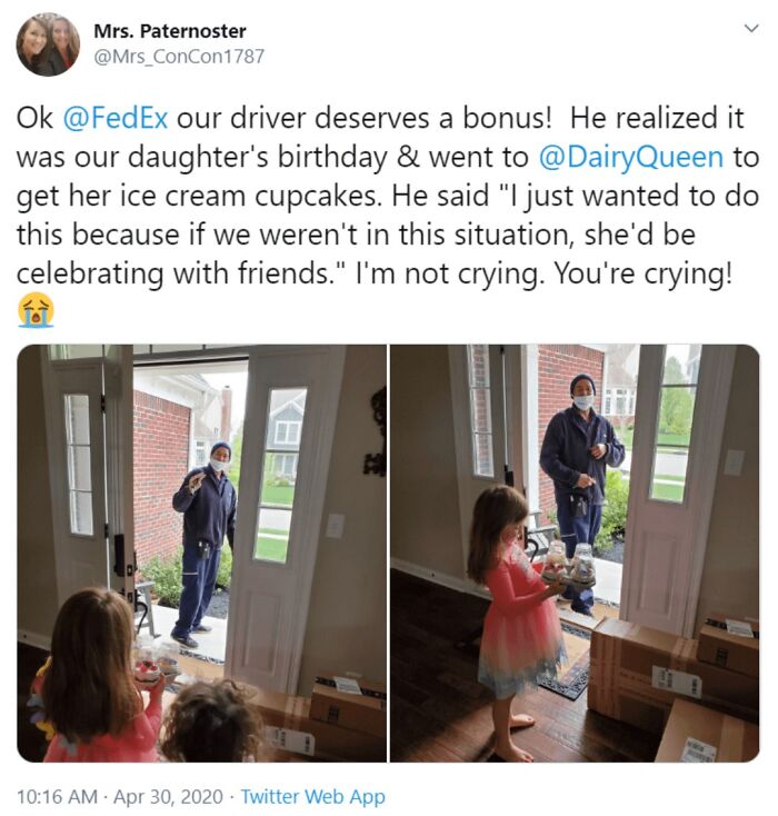 FedEx driver surprises a little girl with ice cream cupcakes on her birthday, creating a wholesome moment during tough times.