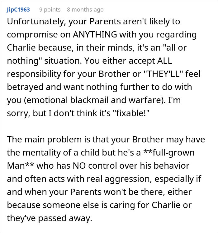 Comment discussing parents expecting son to care for autistic brother and the emotional challenges involved.