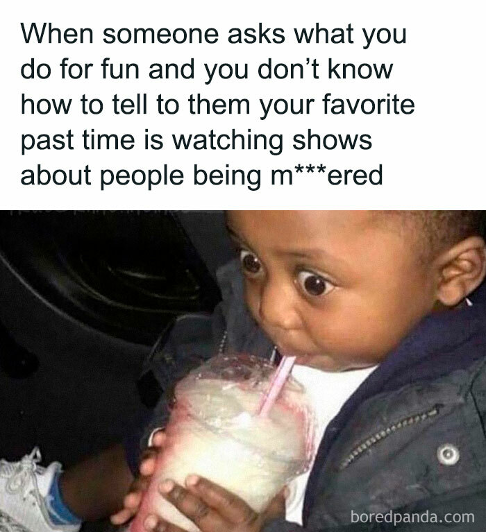 Child with wide eyes drinking a milkshake, caption humorously describing binge-watching true crime shows as self-care.